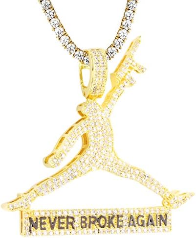 Gold Finish Jump Man Dunk Pendant Never Broke Again Custom Iced Solitaire Tennis Chain