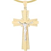 Floreo 14k Yellow Gold 1.5" Layered Jesus Crucifix Two-Tone Cross Charm Pendant with optional Adjustable Chain Necklace