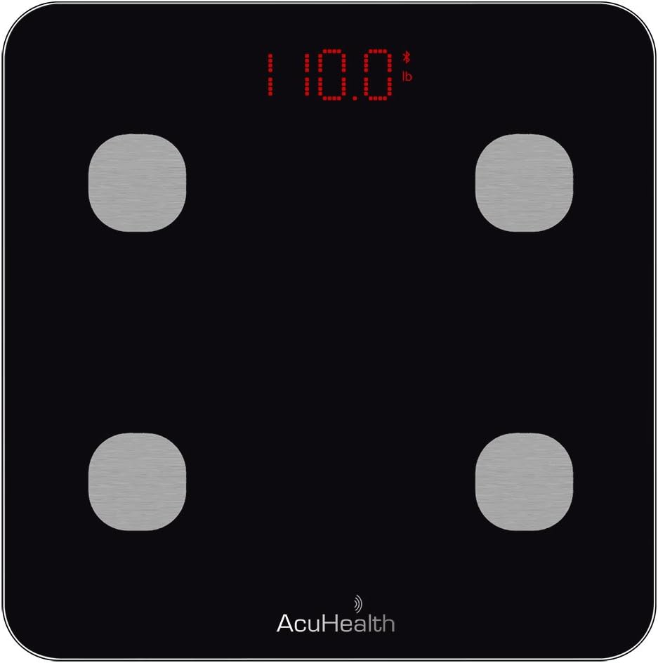 AcuHealth Body Fat Scale and Fitness Analyzer - Your Personal Health Monitor with Bluetooth Connectivity with iOS & Android Smartphone and Tablet Devices Analyzes 10 Heath Parameters (Black): Health & Personal Care
