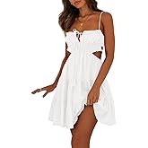 Wenrine Womens Summer Beach Mini Dress Adjustable Spaghetti Straps Sleeveless Backless Tiered Boho Sexy Dresses White