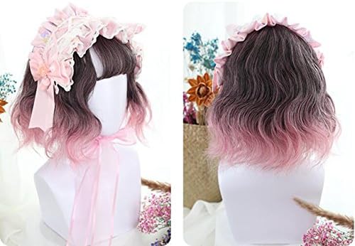 Graceful Two Tone Pink Rose Ombre Synthetic Lace Front Bob Wig Natural Wavy Hair for Hollywood Cosplay Costume Party + Wig Cap