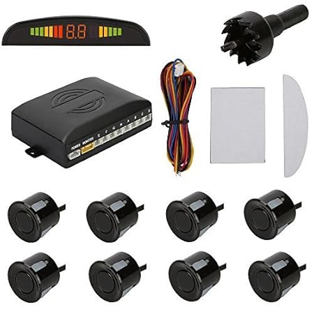 TKOOFN KFZ Summer Einparkhilfe Rückfahrhilfe 8 Sensoren 4 vorne 4 hinten Hinter mit LED Farb Display Auto Parken Sensor Syste