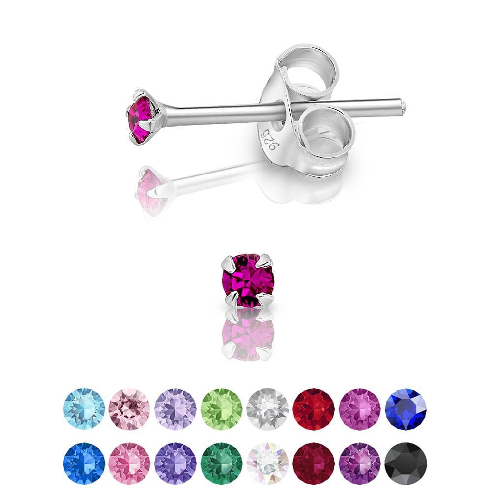 925 Sterling Silver Round Tiny Stud Earrings made with Glittering Crystals - Small Silver Studs Earrings for Woman - Diameter: 2 mm - Colour : Fuchsia