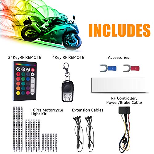 16Pcs Motorcycle LED Lights, Barhootao Strips Kit Multi-Color Accent Glow Neon Lights Lamp Flexible with Remote Controller for Harley Davidson Honda Kawasaki Suzuki Ducati Polaris KTM BMW