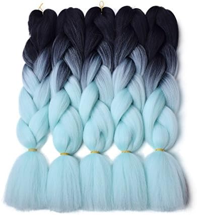 Mealid Braiding Hair Extension Synthetic Jumbo Braids Hair Ombre Kanekalon Braiding Bulk Hairstyles 5Pcs/Lot 24" 100g/pack (Black/Mint Green)