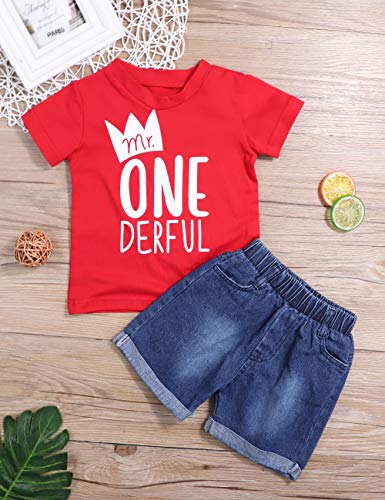 Toddler Baby Boy Clothes First Birthday Outfit Summer T-Shirt Denim Shorts Outfits Set Clothes (Red, 18-24 Months)