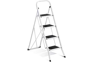 Delxo Step Stool Folding Step Ladder 4 Step Stairs Heavy Duty Steel Sturdy Wide Pedal Lightweight Anti-Slip Portable Collapsible Long Handrails for Kitchen Household 350 lbs White and Black