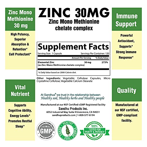 Zinc 30 mg Zinc Methionine Highly Absorbable BioAvailable Antioxidant