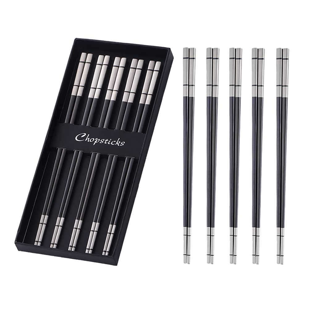Buyer Star 5 Pairs 18/8 Stainless Steel Chopsticks Metal Chopsticks Reusable- Laser Engraved Non-Slip Korean Japanese Chinese Chop Sticks Dishwasher Safe for Cooking Eating Present Set Black