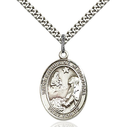 Sterling Silver St. Catherine of Bologna Pendant 1 x 3/4 inches with Heavy Curb Chain
