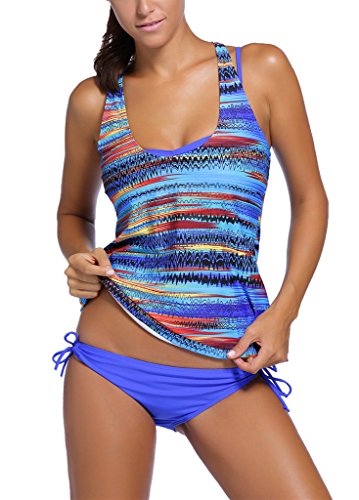 Sidefeel Women Tribal Printed Tankini 3 Piece Swimsuit Set Medium Blue