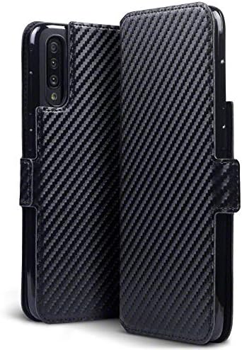 TERRAPIN, Compatible with Samsung Galaxy A70 Case Slim Fit Leather Wallet Flip Cover - Black Carbon Fibre Texture