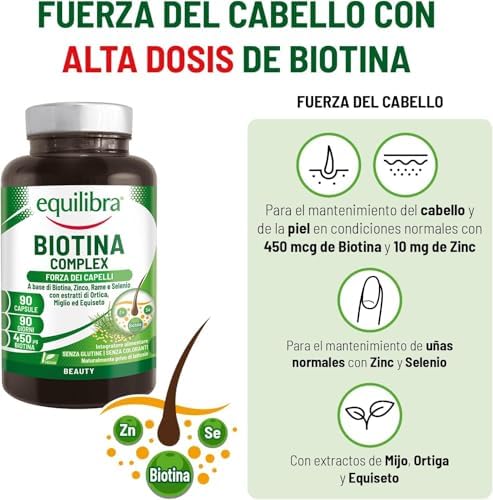Equilíbrio, Complexo de Biotina, Bem-Estar do Cabelo e Unhas, Biotina em Alta Dose, Zinco, Cobre, Selénio, Urtiga, Milheto & Extratos de Cavalinha, 90 Cápsulas