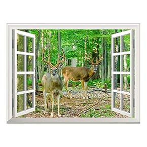 Removable Wall Sticker/Wall Mural - Whitetail Deer/Buck in Velvet Standing in The Woods | Creative Window View Home Decor/Wall Decor - 24"x32"