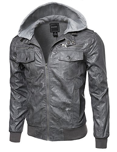 Youstar Refined Faux-Leather Moto Jacket with Detachable Hood Charcoal Size XL