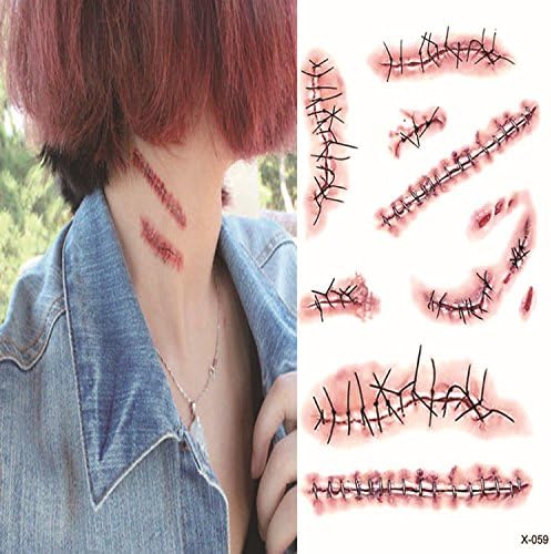 TENND Halloween Party Horror Realistic Fake Bloody Wound Stitch Scar Scab Waterproof Temporary Tattoo Sticker for Anyone