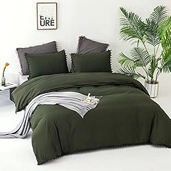 Luxlovery Army Green Pom Pom Comforter Set Queen