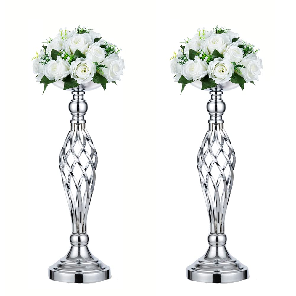 Sziqiqi Pack of 2 Tall Metal wedding centerpieces for reception tables, Silver Flower Vase Stand, Pillar Candle Holder Stand, Decortion for Hotel Restaurant Bar Home, 45cm × 2