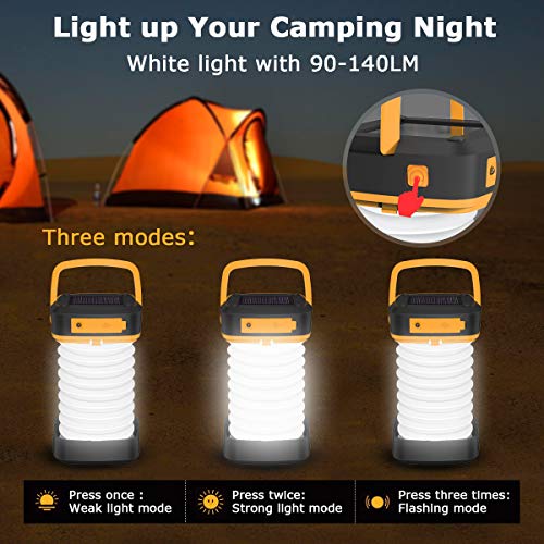 Quntis LED Camping Lantern Light - Rechargeable Led Camping Light - Portable Flashlight Solar Mini Torch Night Light for Outdoor Hiking Tent Garden Patio Emergencies - Collapsible and Waterproof