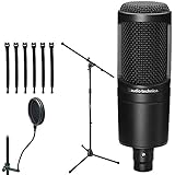 Audio-Technica AT2020 Cardioid Condenser Studio Microphone with Euro Boom Microphone Stand + Pop Filter &amp; Strapeez