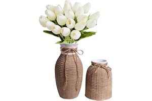 TERESA'S COLLECTIONS Brown Vase, Rustic Farmhouse Rattan Ceramic Vases for Tulip Flowers and Pampas Grass, Aesthetic Home Decor for Mantel, Living Room, Ideal Gift for Valentines Day-Set of 2, 10"