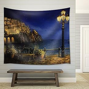 an Oil Painting on Canvas, of a Starry Romantic Evening at The Coast of Amalfi in Italy - Fabric Wall Tapestry Home Decor - 51x60 inches