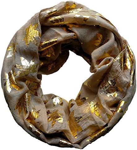 Trelemek Women's Gold Foil Maple Leaf Printed Oversized Infinity Scarf (Tan-gold)