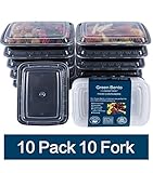 Green Bento Meal Prep Containers with Lids Plastic Food Storage Bento Lunch Box, Portion Control,Dishwasher,Microwave Safe Cover 10 Pack 10 Cutlery(28ounce)