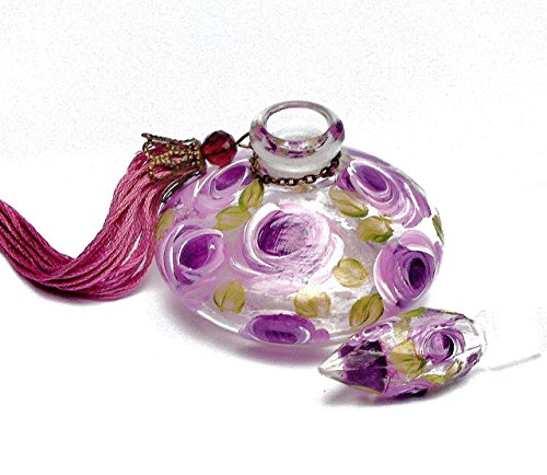 Small Glass Genie Refillable Empty Perfume Bottle with Stopper and Hand Painted Lavender Roses