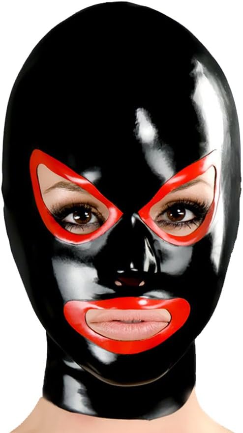 Yilen Latex Hood Mask Holiday Rubber Hoods SM Mask with Red Trim Shaped Eyes and Mouth Nose Open Latex Mask