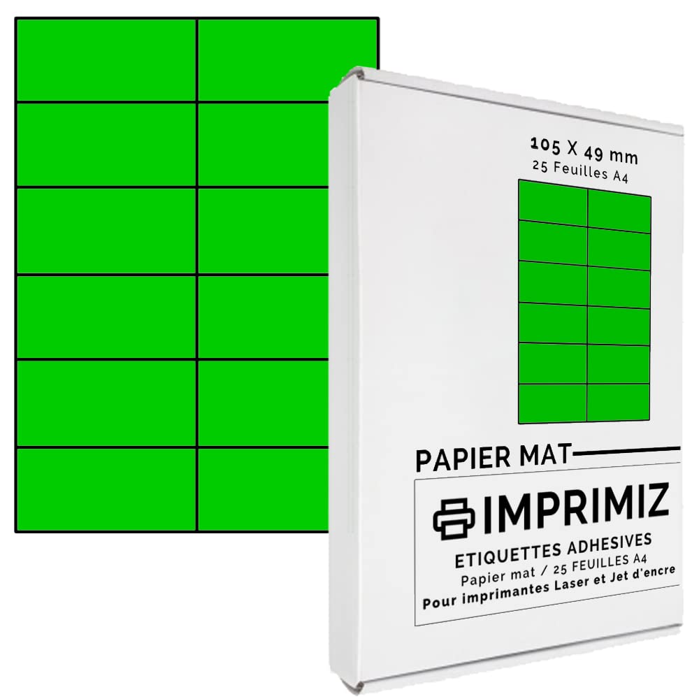300 Self-Adhesive Fluorescent Green Labels 105 x 49.5 mm – 12 Labels per Sheet – 25 Sheets of Adhesive A4 Coloured Paper – for Inkjet and Laser Printing