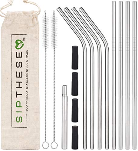 SipThese 8 pc Stainless Steel Straws With Bonus Collapsible Straw. 2 Straw Cleaning Brush, 8 Metal Straws. Stainless Steel Straws With Silicone Tips. 1 Travel Bag. Eco Friendly Reusable Straws