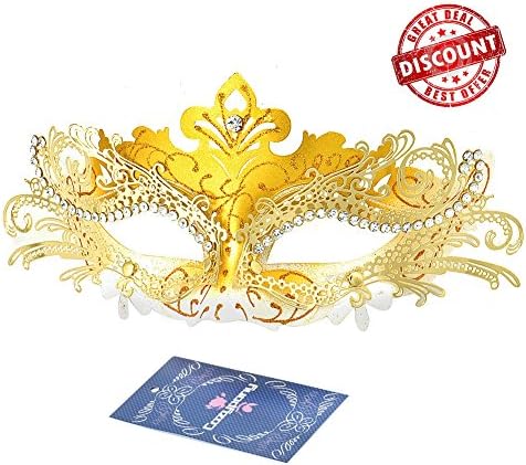 Masquerade Masks, Cozypony Lacer Cut Luxury Princess Venetian Ball Masks with Rhinestone for Halloween Mardi Gras Party or Wedding (One Size, Gold+White)