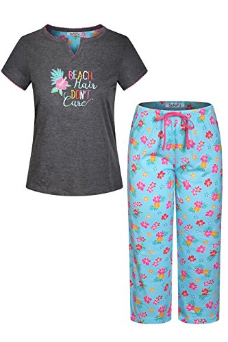 SofiePJ Women's Embroidery Cotton Sleepwear Capri Pants Pajama Set Heather Gray Black M