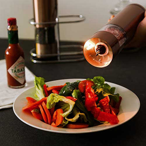 Phunaya Electric Salt and Pepper Grinder Set With Upgraded Motor | Complimentary 304 Stainless Steel Mill Stand | LED Light |Battery Operated | Adjustable Ceramic Coarseness |set of 2