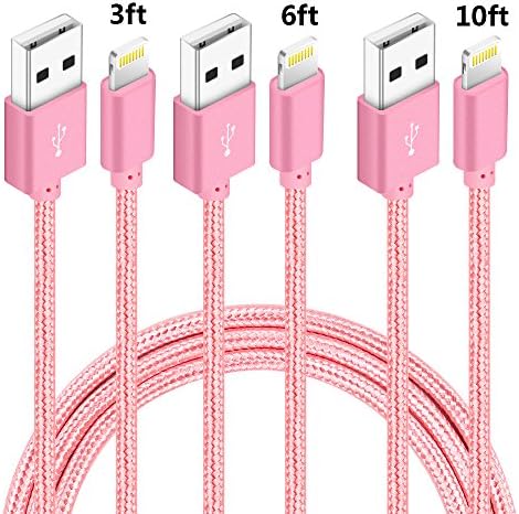 iPhone Charger,NANMING 3Pack 3FT 6FT 10FT Extra Long Nylon Braided Charging Cable Cord Lightning to USB Cable for iPhoneX/8Plus /7/ 7Plus/6/6s/6 plus/6s plus,5/5s/5c,iPad,iPod (Rose+Gold)