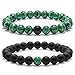 Natural Stone Beads Bracelet, 8mm Natural Malachite Stones and Black Matte AgateBeads Bracelet, Men Women Stress Relief Yoga Beads Elastic Bracelet Energy Stone Gemstone Beads Bracelet ( 2 Pack)