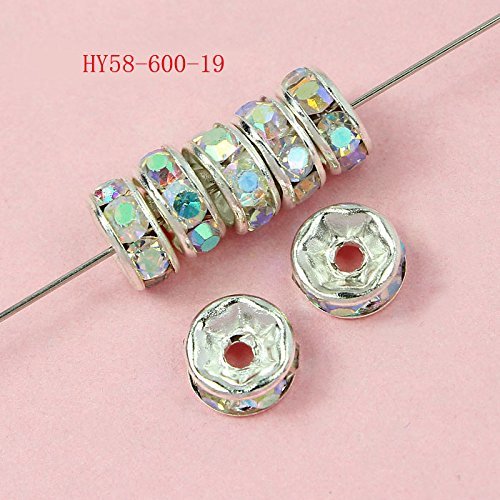 HYBEADS 100 Pcs Crystal Rondelle Spacer Bead Silver Plated 6mm (Crystal AB)