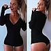 Moxeay Women's Sexy Onesie Deep V Neck Shorts Long Sleeve Knitted Button Down One Piece Bodysuit Bodycon Rompers Overall(S, Black)