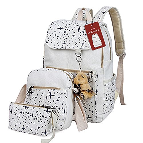 Moolecole girls canvas school backpack messenger bag purse 3pcs s…