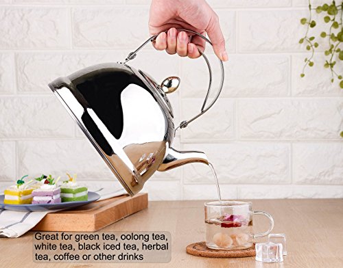 Tea Pot with Infuser Loose Tea for Stove Top 18/10 Stainless Steel Coffee Kettle 8 Cup Quick Boil Sturdy Teapot Hot Water Mirror Finish 2 Liter/2.1 Quart 68 Ounce by Onlycooker