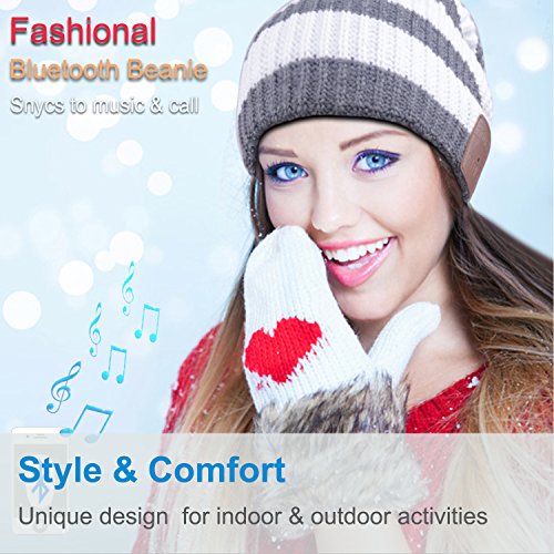 Rotibox Washable Winter Mens Womens Hat Strip Bluetooth Beanie Running Cap w/ Wireless Headphones Mic Hands Free Rechargeable Battery for Cell Phones, iPhone, iPad, Android, Laptops, Tablets - White