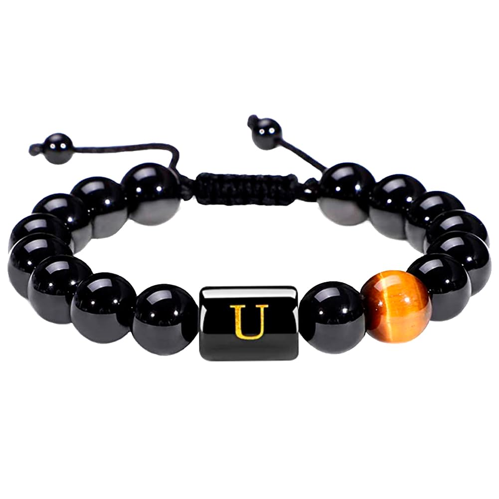 10MM Black Onyx Stone Initial Bracelet for Men