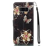 Urberry Samsung Galaxy S8 Wallet Case, Floral Shock-proof Case Cover for Galaxy S8 with a Free Screen Protector (Grey) (Black)