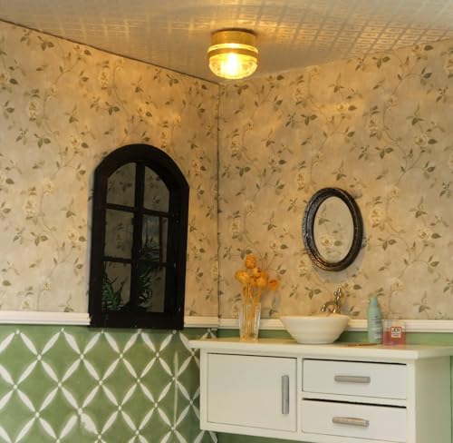 iLAND 1:12 Scale Accessories of Dollhouse Lights, Classic Miniature Lamp for Dollhouse Decoration, Elegant Celestial Gold Ceiling Lamp w/Battery