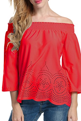 Hotouch Women's Off Shoulder Long Sleeve Blouse Tunic Swing Casual T-Shirt Blouse(Red XL)