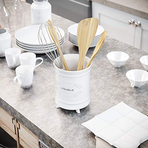 French White Ceramic Utensil Holder Vintage Style Kitchen Utensil