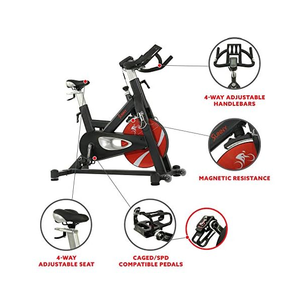 Sunny Health & Fitness Indoor Stationary Exercise Bike, 4-Way Adjustable Seat for Cycling Cardio workout at Home, Optional 49 LB Flywheel, Heavy-Duty & Free SunnyFit App Bluetooth Connect - Image 4