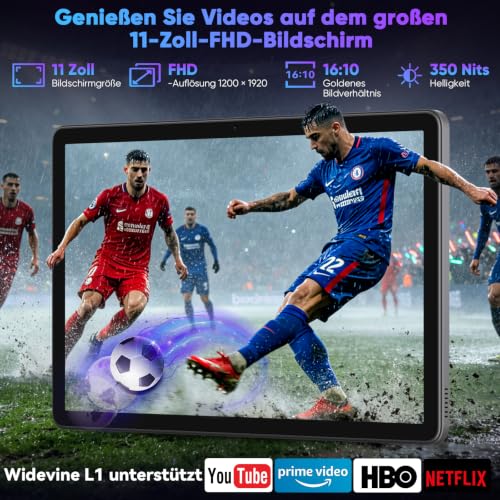 11 Inch Tablet with Keyboard, Android 16 with Gemini AI, 32GB RAM + 128GB ROM (1TB TF), 1920 x 1200 FHD 90Hz Display, Unisoc T7250 Octa-Core, 8MP + 16MP Dual Camera, Face ID, Widevine L1, 8000 mAh