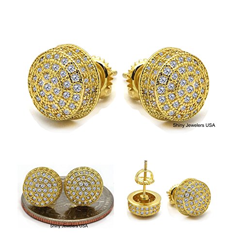 MENS 18K YELLOW GOLD FINISH CUBIC ZIRCONIA CZ SCREW BACK HIP HOP 10mm ROUND STUD EARRINGS (Gold)